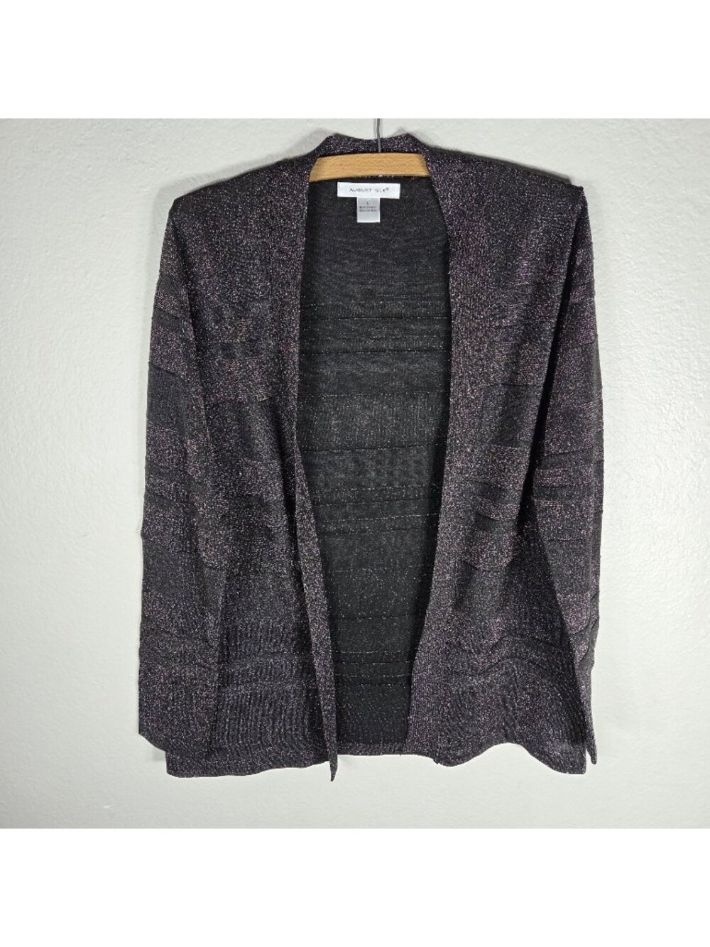 August Silk Open Front Striped Shimmer Cardigan Black Womens Size L Y2K